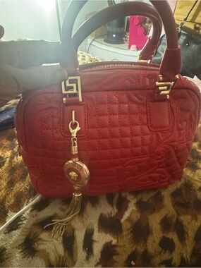 Versace Red Quilted Satchel with Gold Tassel Charm